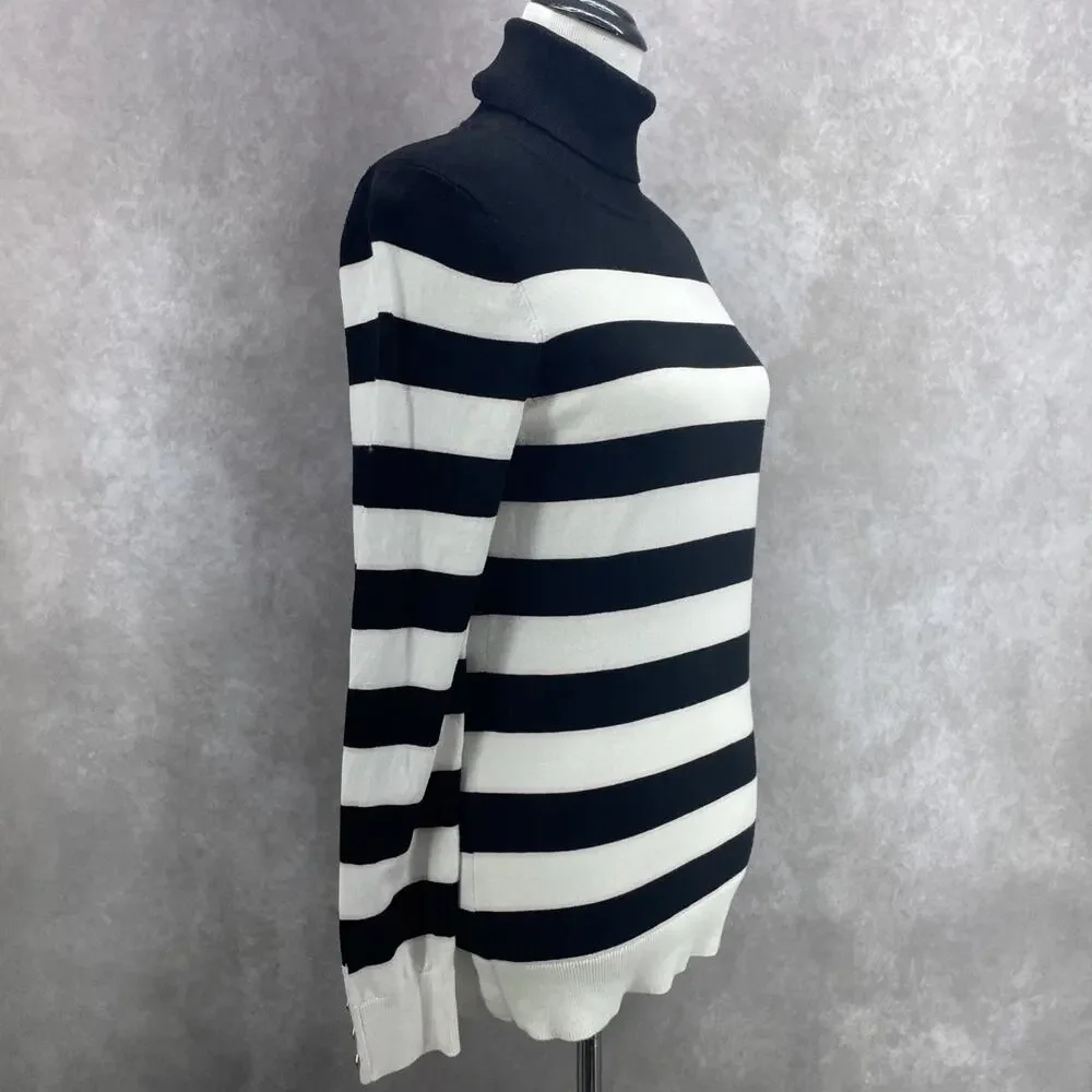 Tommy Hilfiger Women M Stripe Turtleneck Sweater Black White Classic READ Preppy